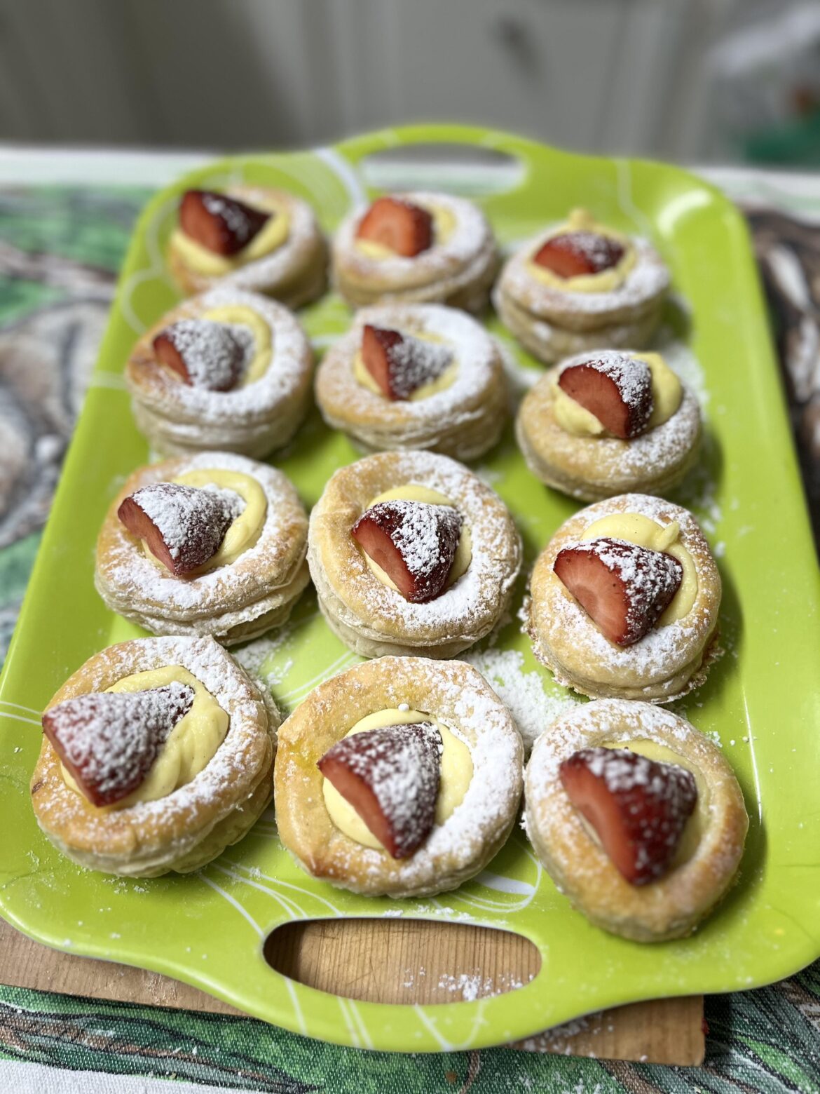 Puff pastry with vanilla cream filling and strawberries on top