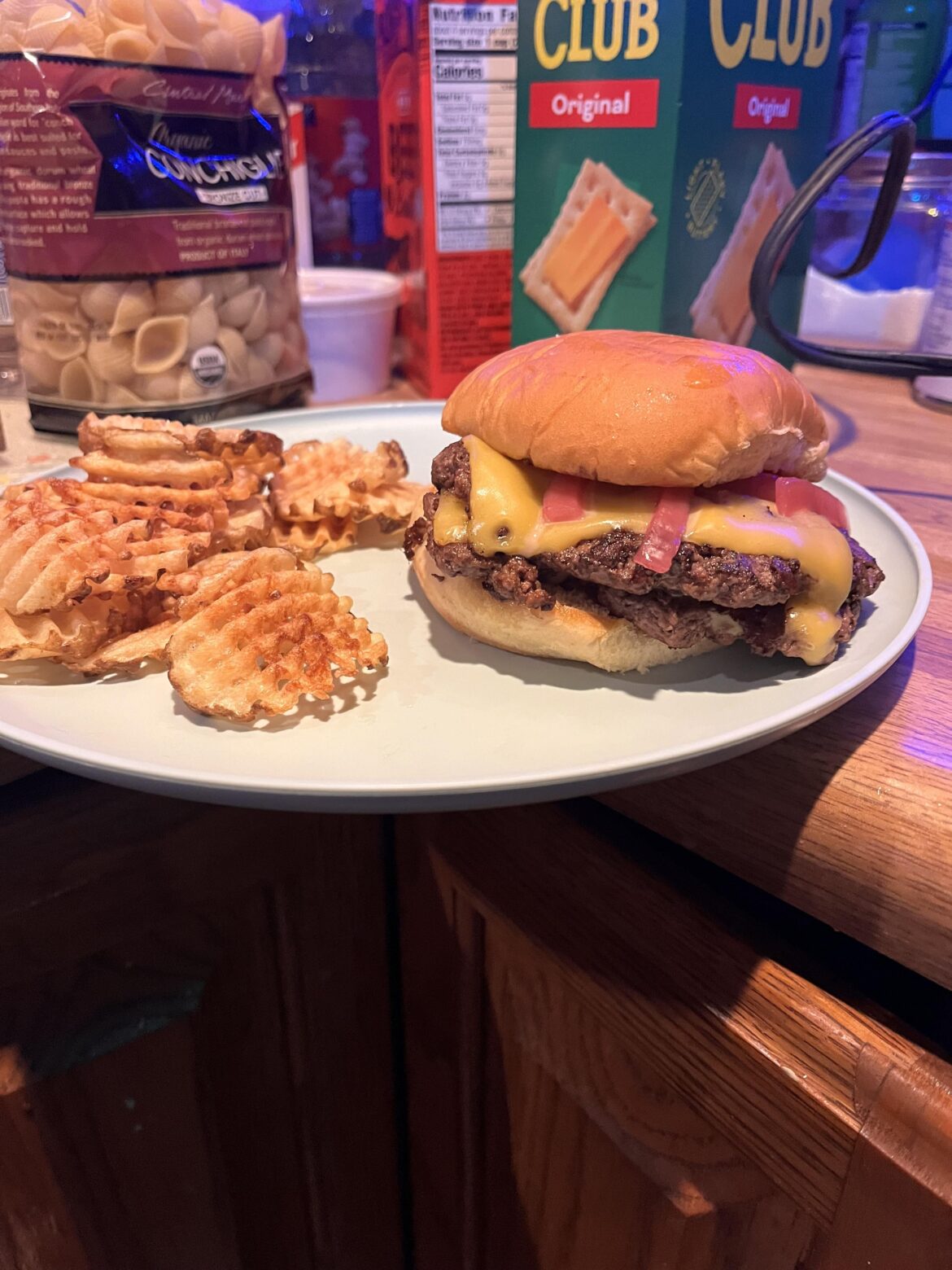 Dukes mayo, boar’s head American, pickled red onion and some homemade waffle fries.