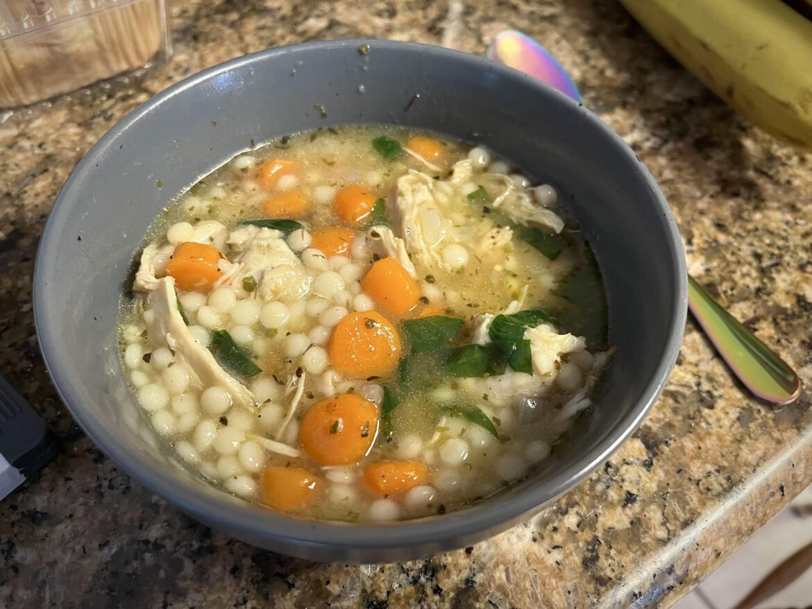 Not feeling the best, couscous chicken soup 198 cals approx