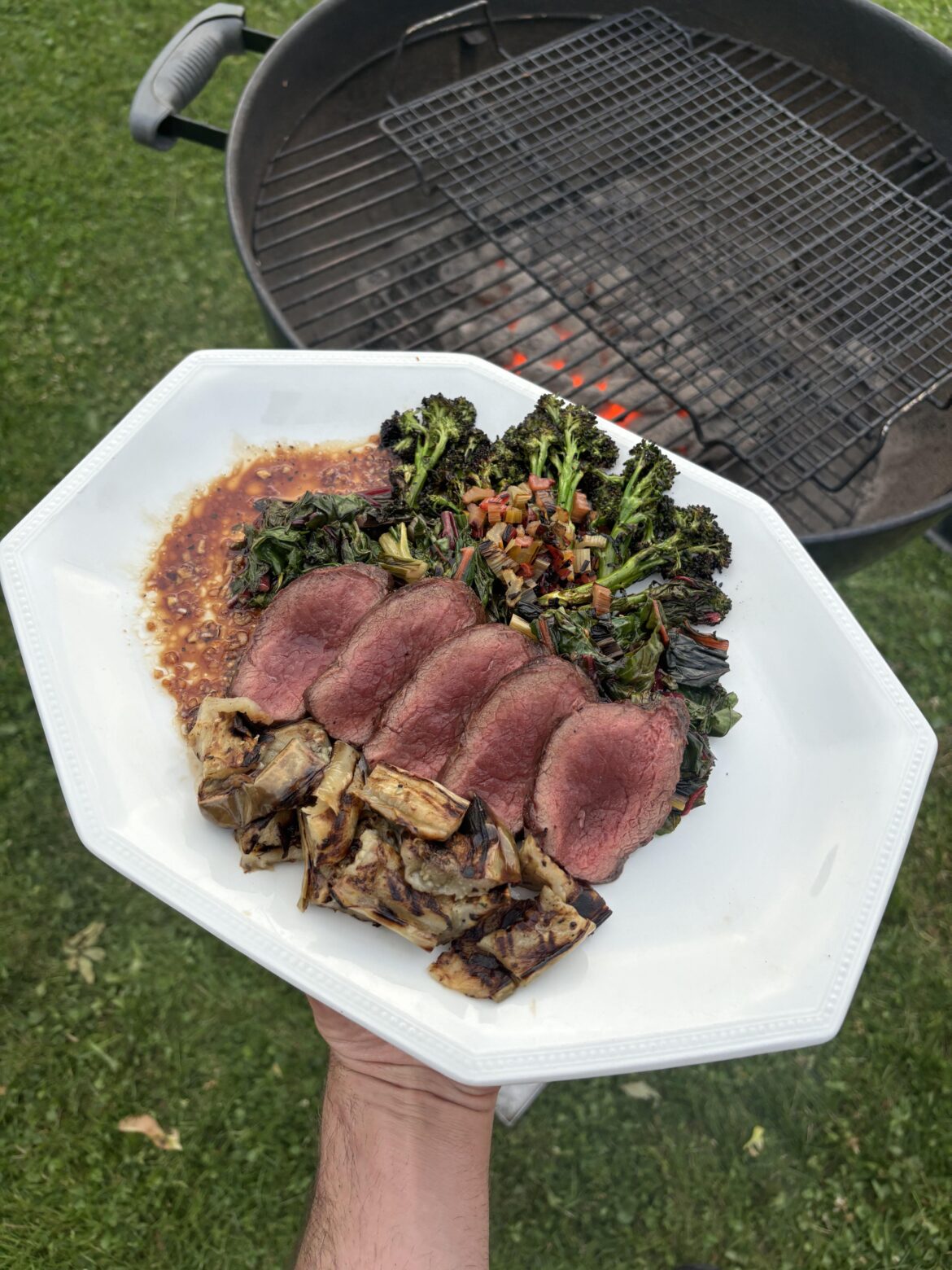 Venison Backstrap nice and Blue with Grilled Broccoli, Chard, and Eggplant