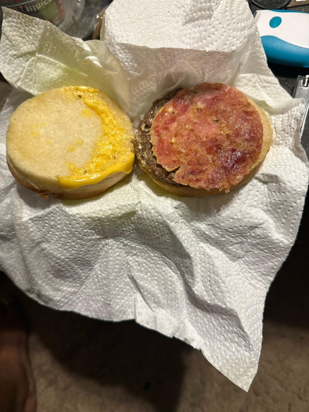 Gas station burger. The bacon looks like salami