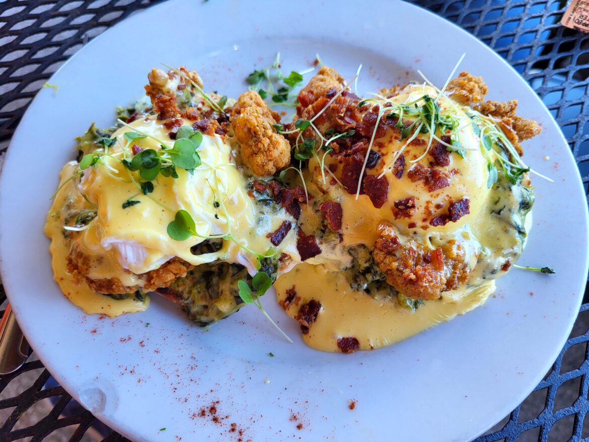 Eggs Benedict with Fried Oysters from Russell's Marina Grill in New Orleans