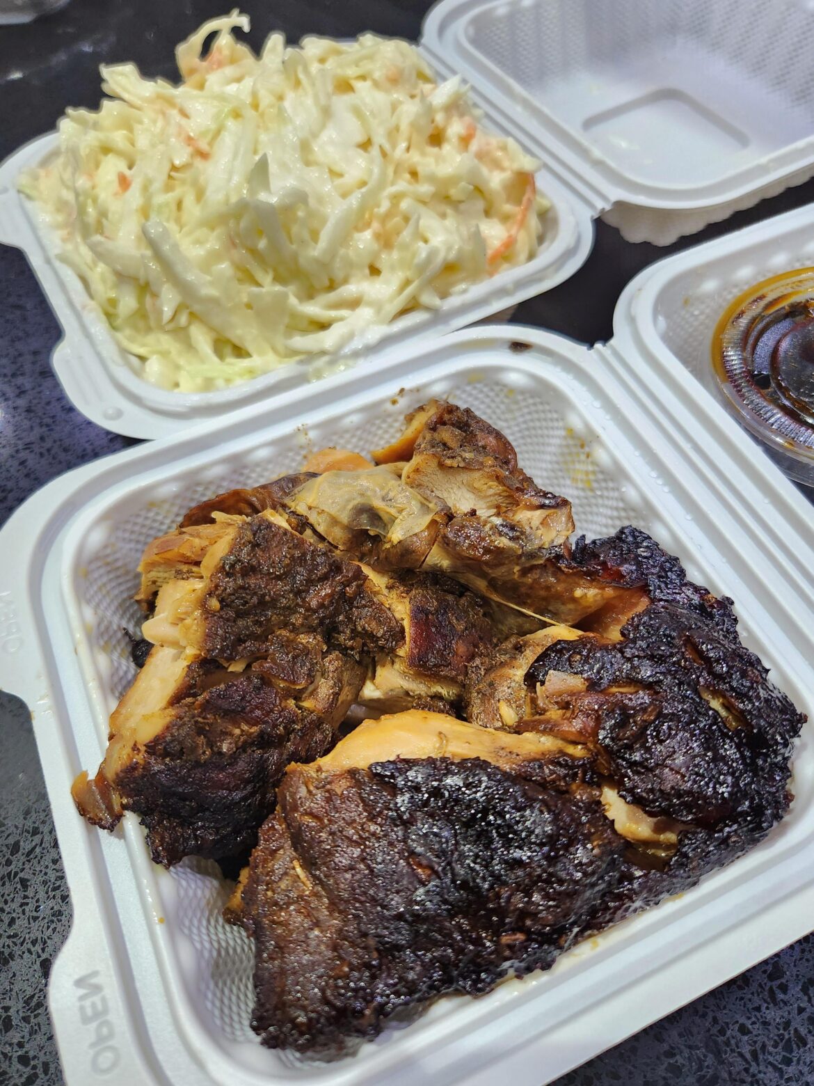 1/2 lb of jerk chicken and small coleslaw from Underhill Allwyns Bakery
