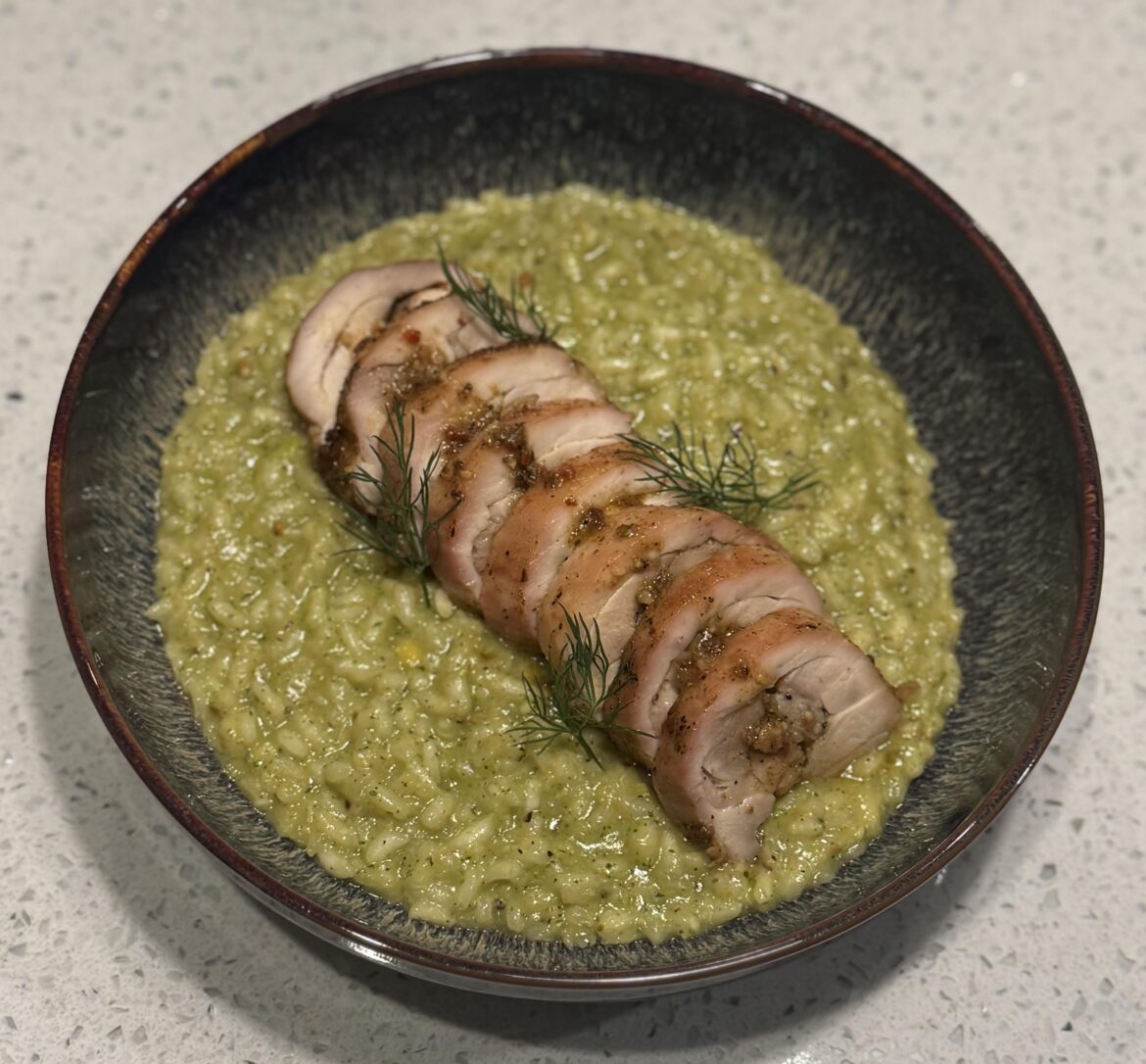 [Home Cook] pistachio herb risotto with smoked chipotle garlic chicken thigh