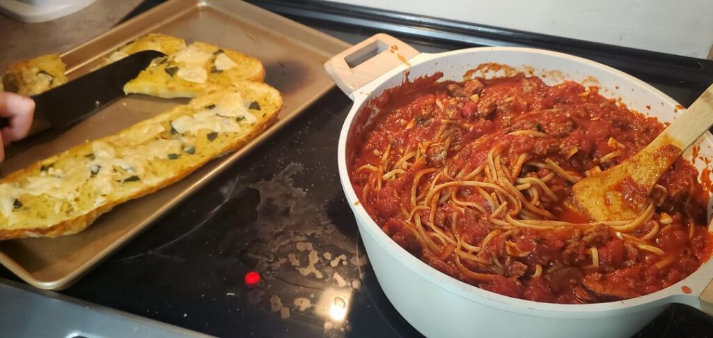 Pasta and garlic bread made while drinking with some old friends. Pasta and garlic bread made while drinking with some old friends.
