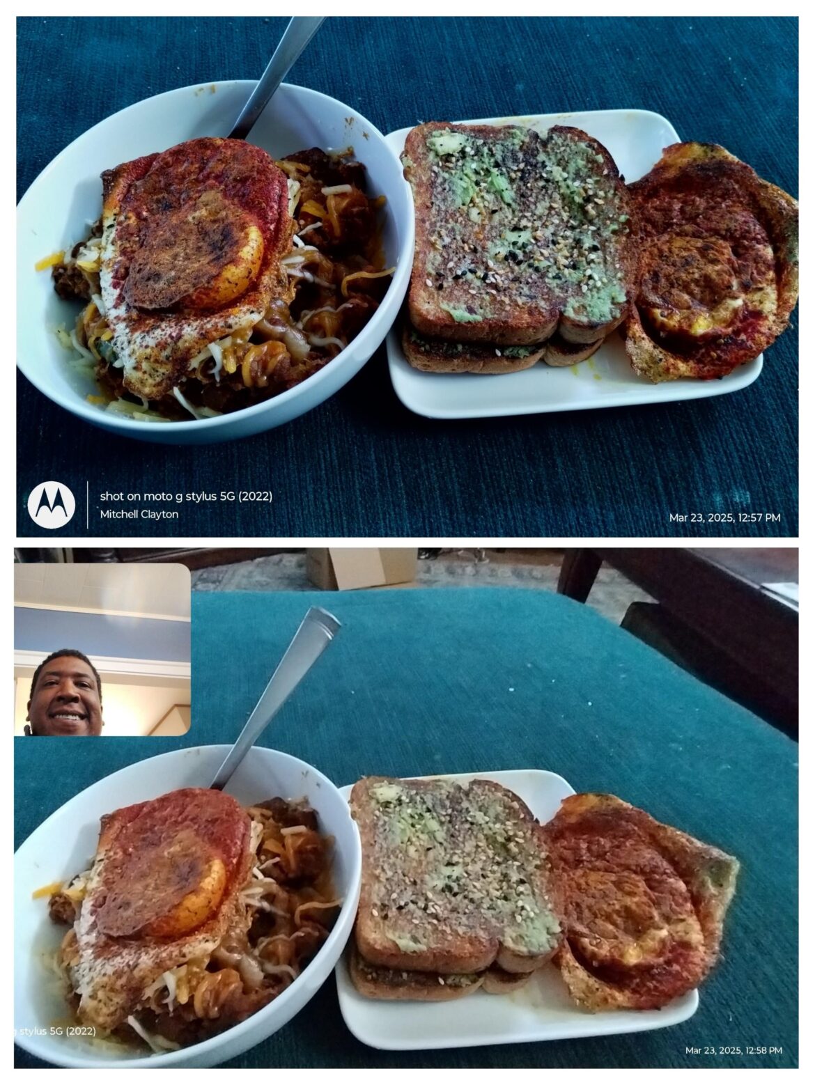 Sweet potato breakfast hash with sharp cheddar cheese and Carolina Reaper cheese, with an over medium egg on top and avacado toast with an over medium egg on the side.