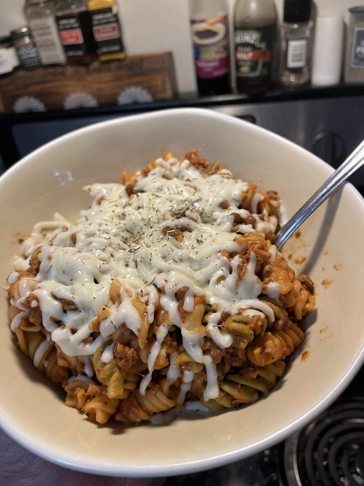 Vegetarian pasta & whiskey-coke.
