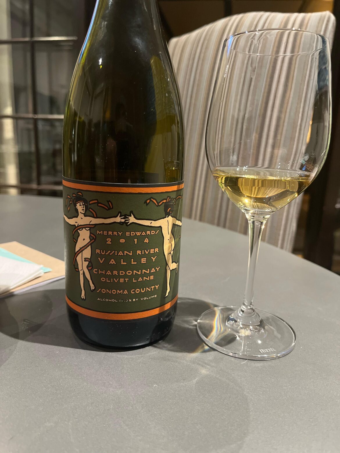2014 Merry Edwards 2014 RRV Olivet Lane Chardonnay. 10 year old Chardonnay drinking great. Nice acidity, fruit- like drinking orange marmalade! It held up very well!