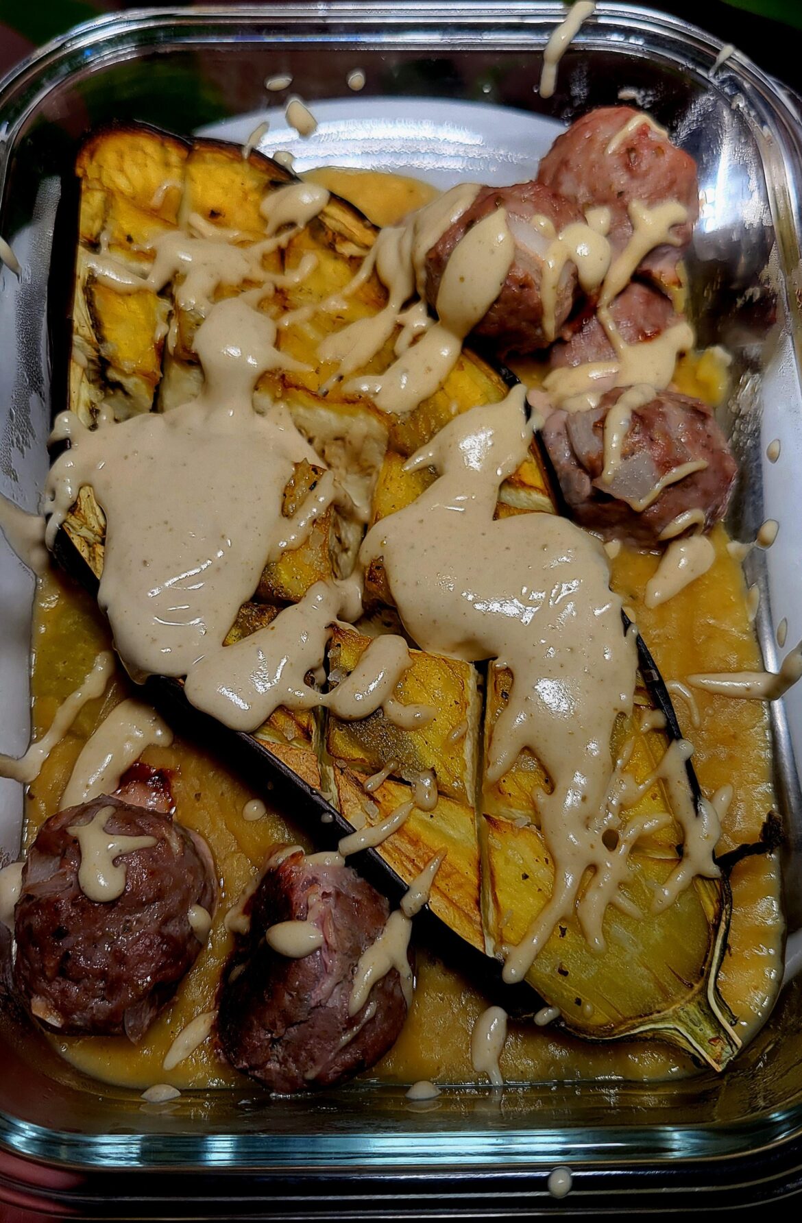 Roasted Eggplant with tahini, lentils, and Greek lamb meatballs, less than 500kcals per huge serving