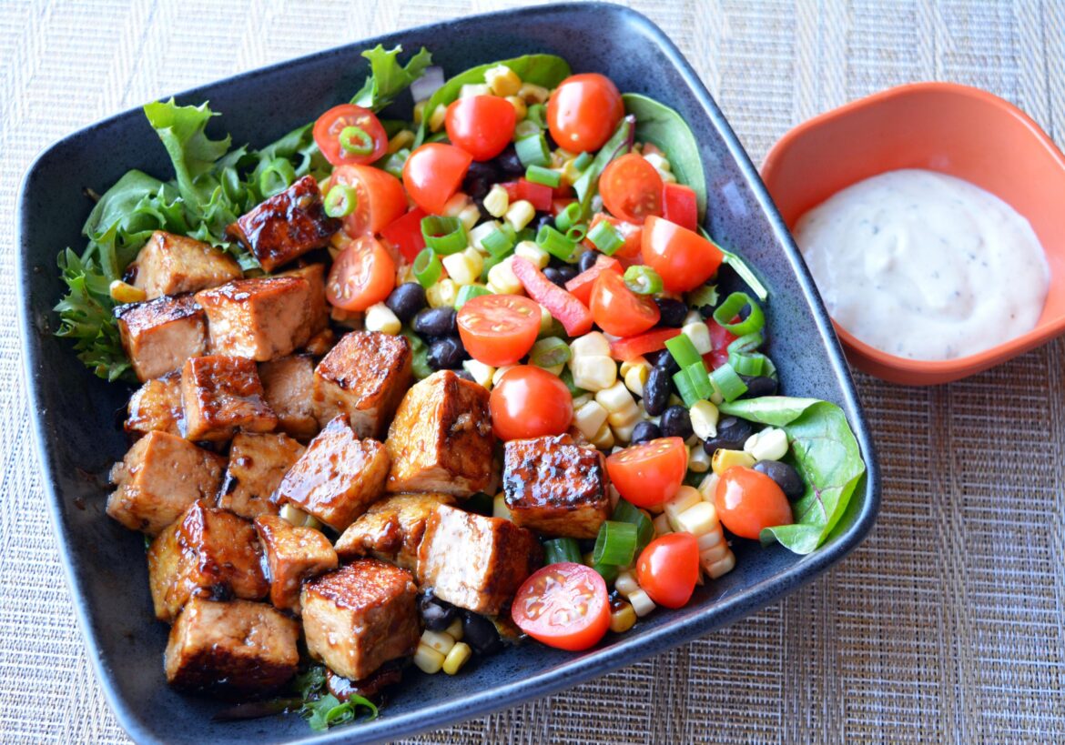 385 cal, 30 g protein. BBQ tofu salad w ranch on the side