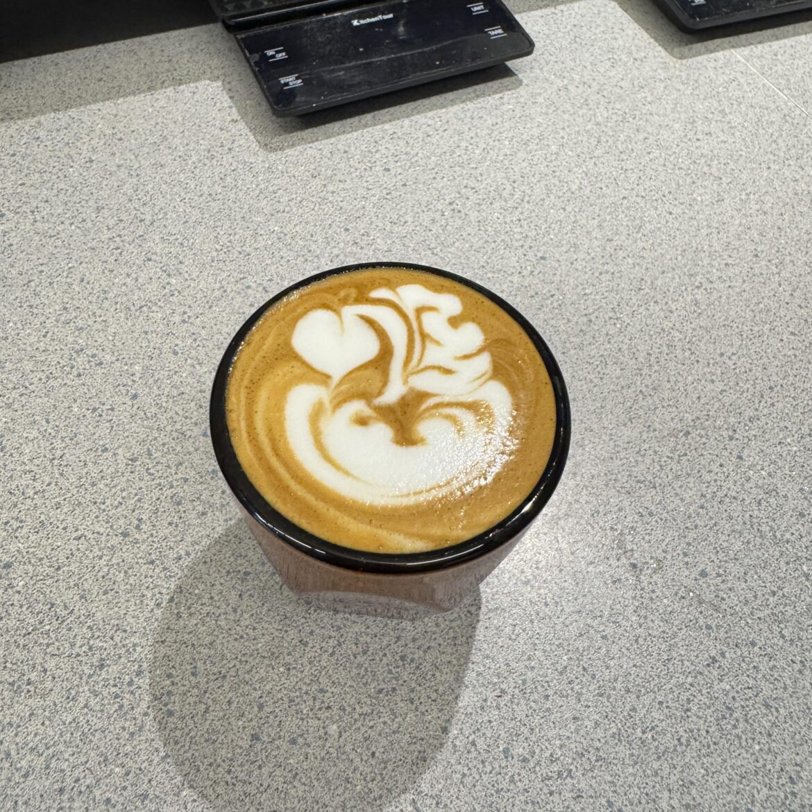 Almond milk cortado pour today at the shop.