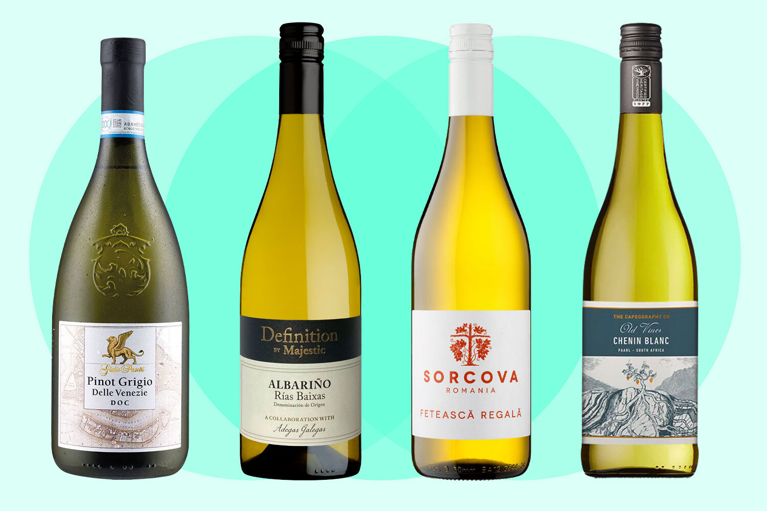 Collage of four bottles of white wine.