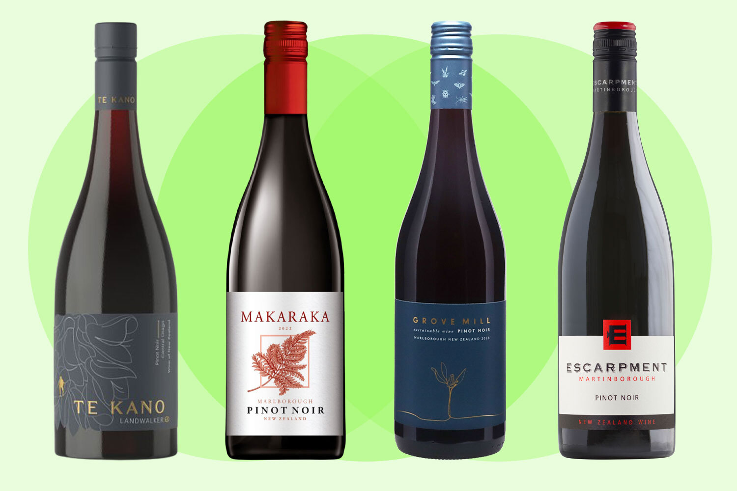 Four bottles of New Zealand Pinot Noir.