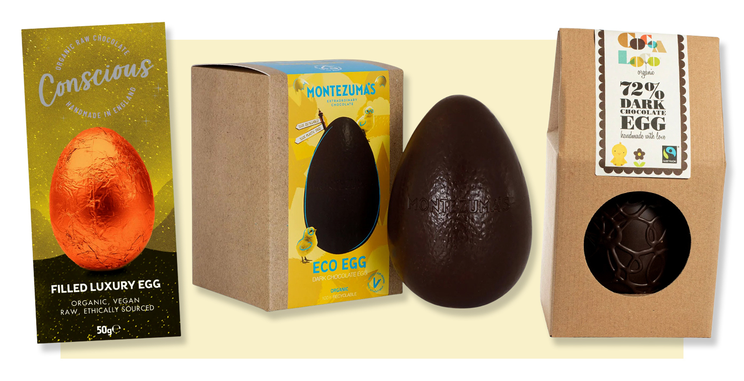 Three different chocolate Easter eggs in their packaging.