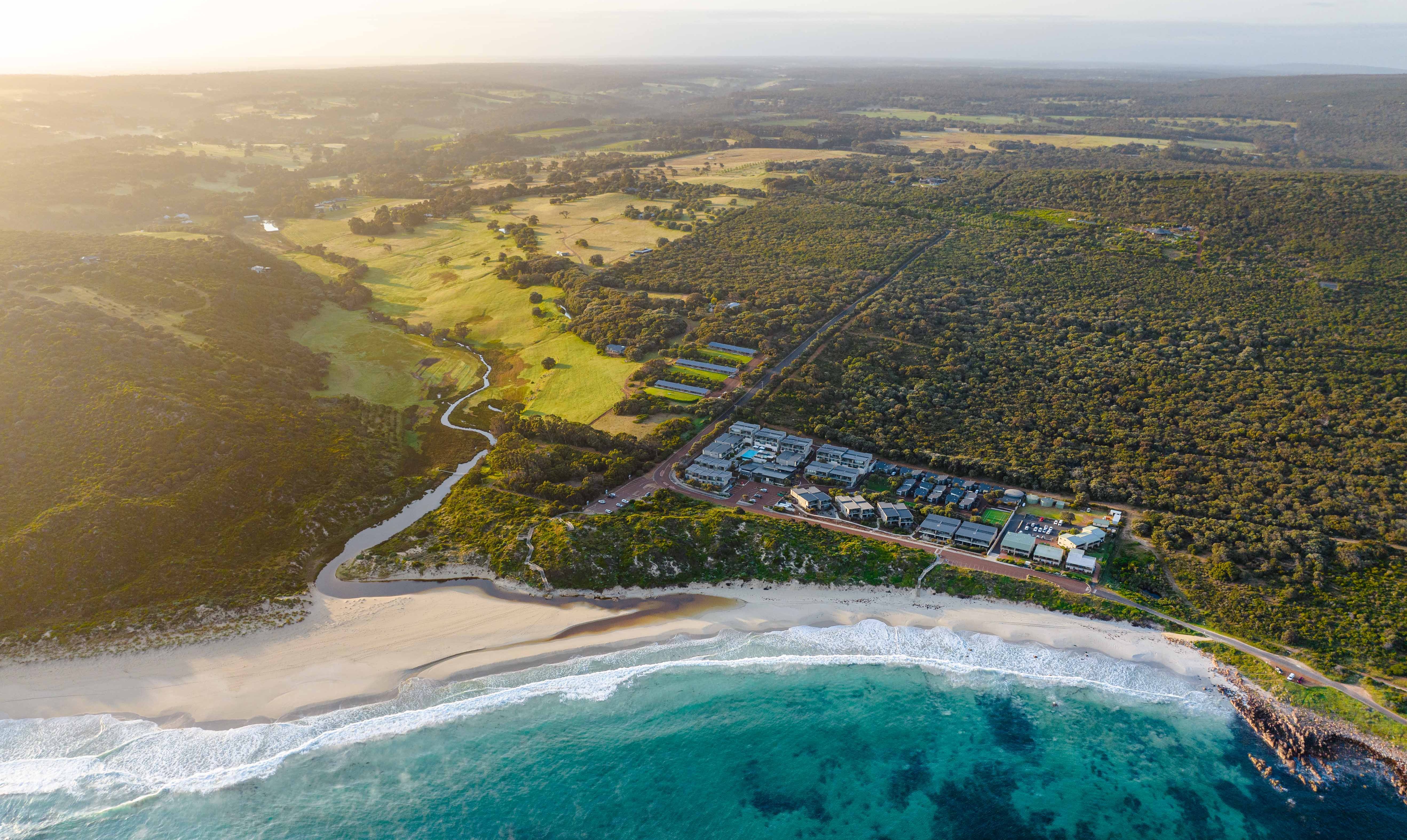 Aerial view of Smiths Beach Resort in the Margaret River region of Australia.