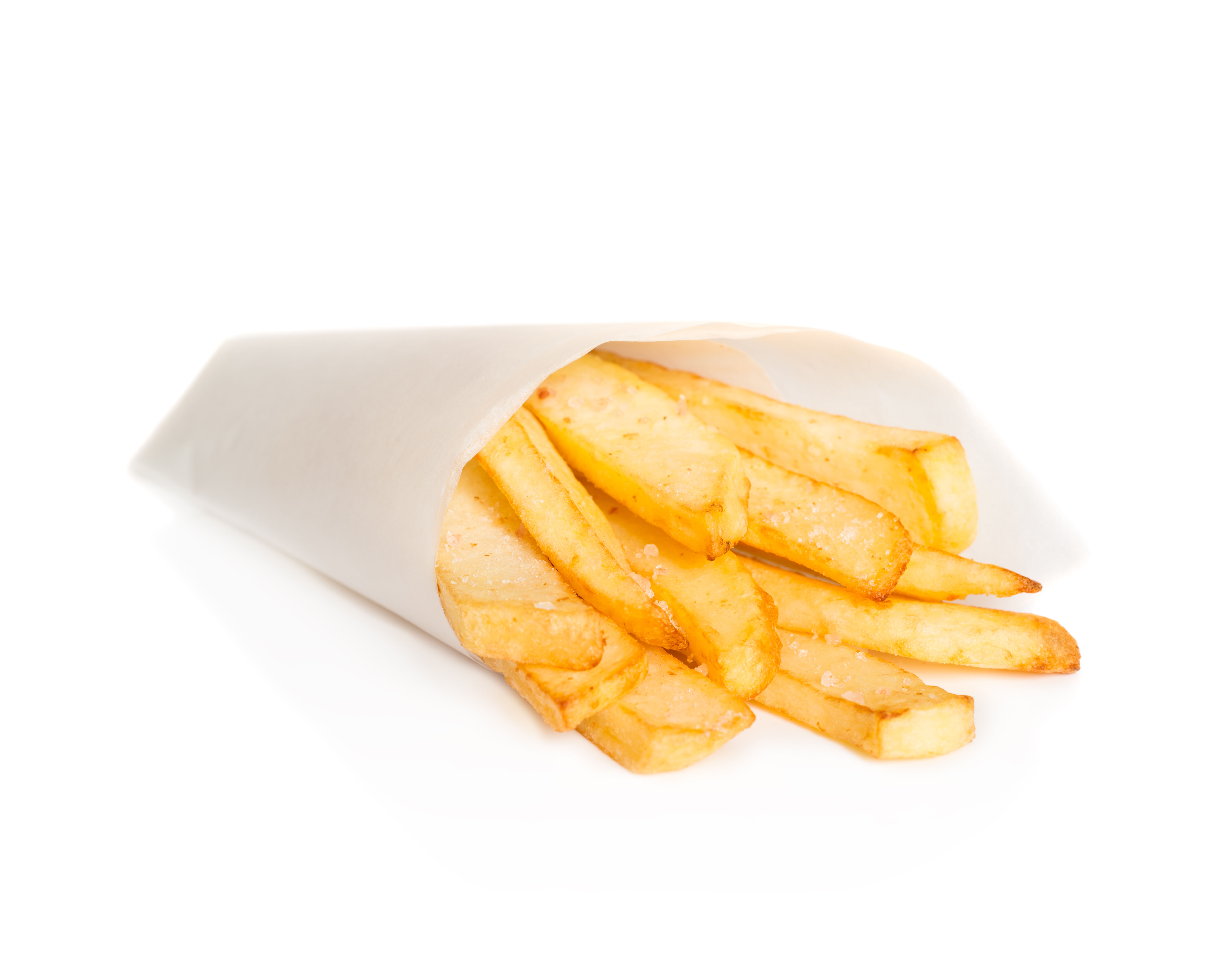 Salted chunky fries in a paper cone.