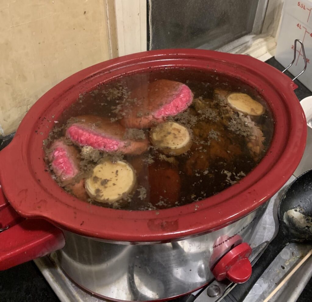 Lamb liver, angus burger, and sweet potato broth