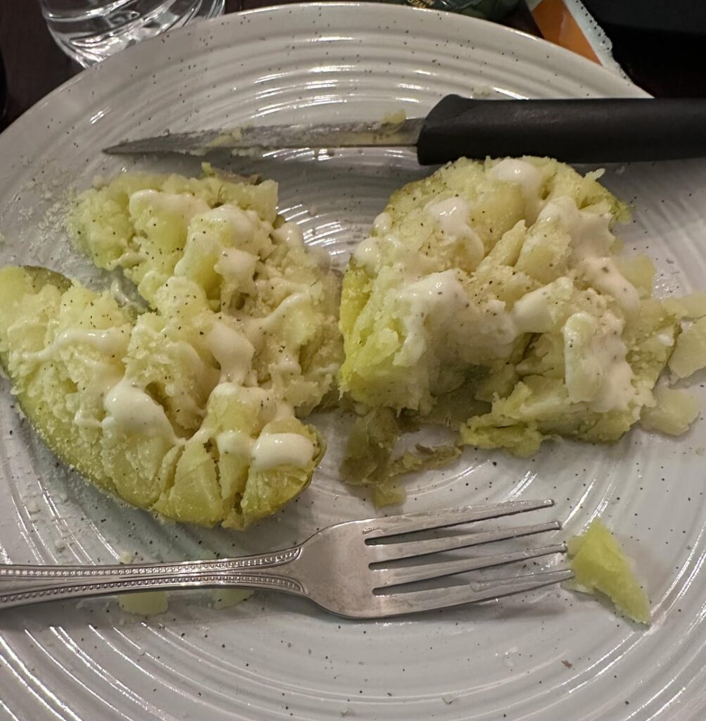Microwave baked potato with light ranch and parmesan (~250cal)