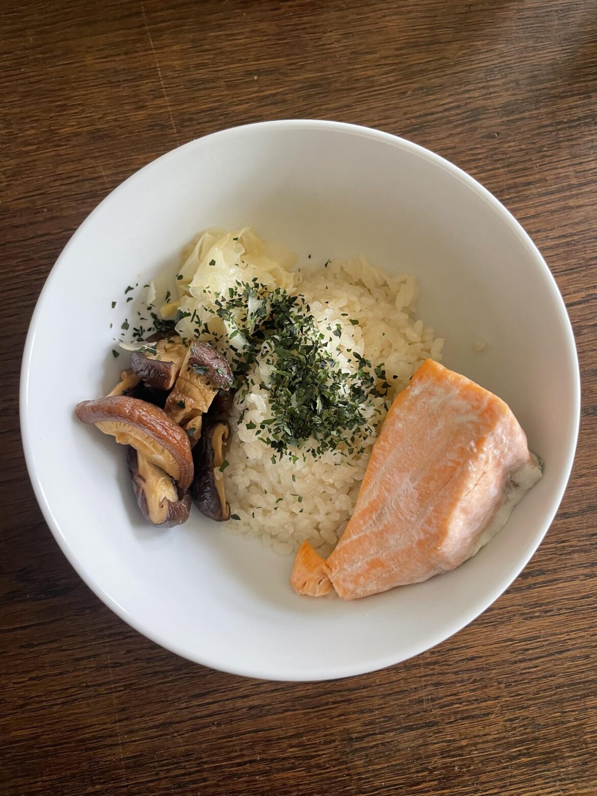 Salmon, rice, and Shiitake mushrooms