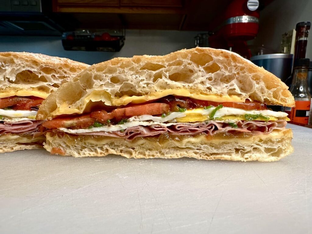 Mortadella, egg, and cheese breakfast sandwich.