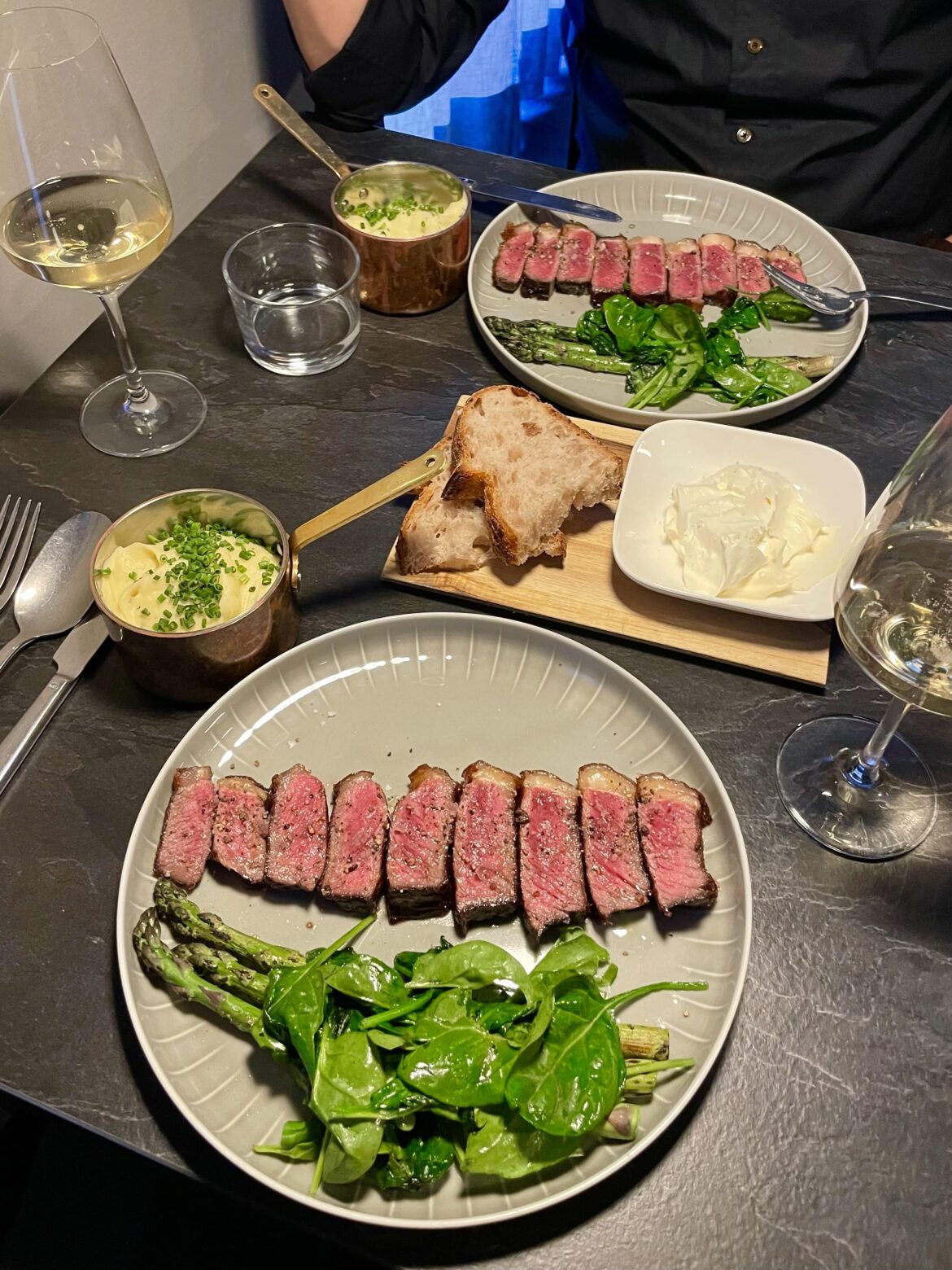 Steak, spinach, asparagus, and potato purée in Berlin