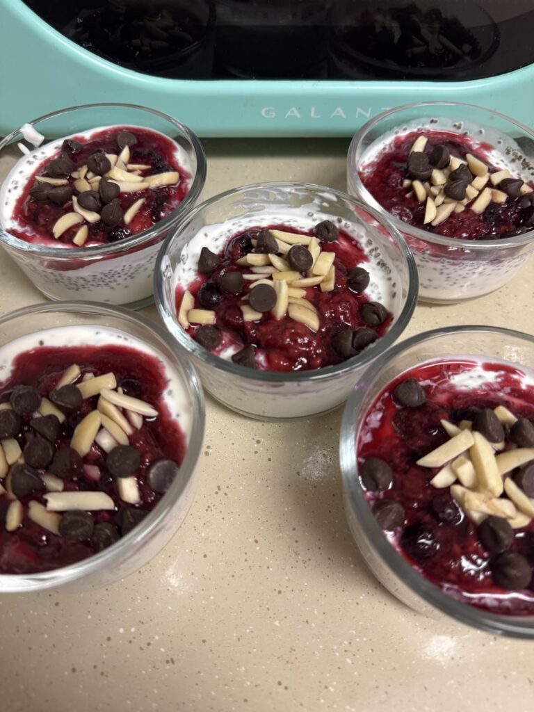 Just needed a snack prep this week - almond chocolate & berry Greek yogurts with chia seed, 150 cal, 17g protein