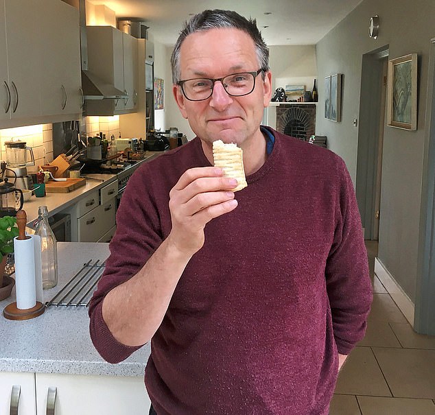 Dr Michael Mosley, pictured, is tucking into a vegan sausage roll - a product inspired by Donald Watson who created the Vegan Society in 1944
