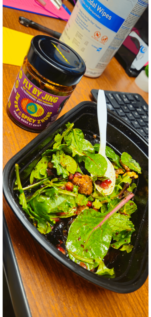 Forgot dressing for my salad at work, used chili oil instead