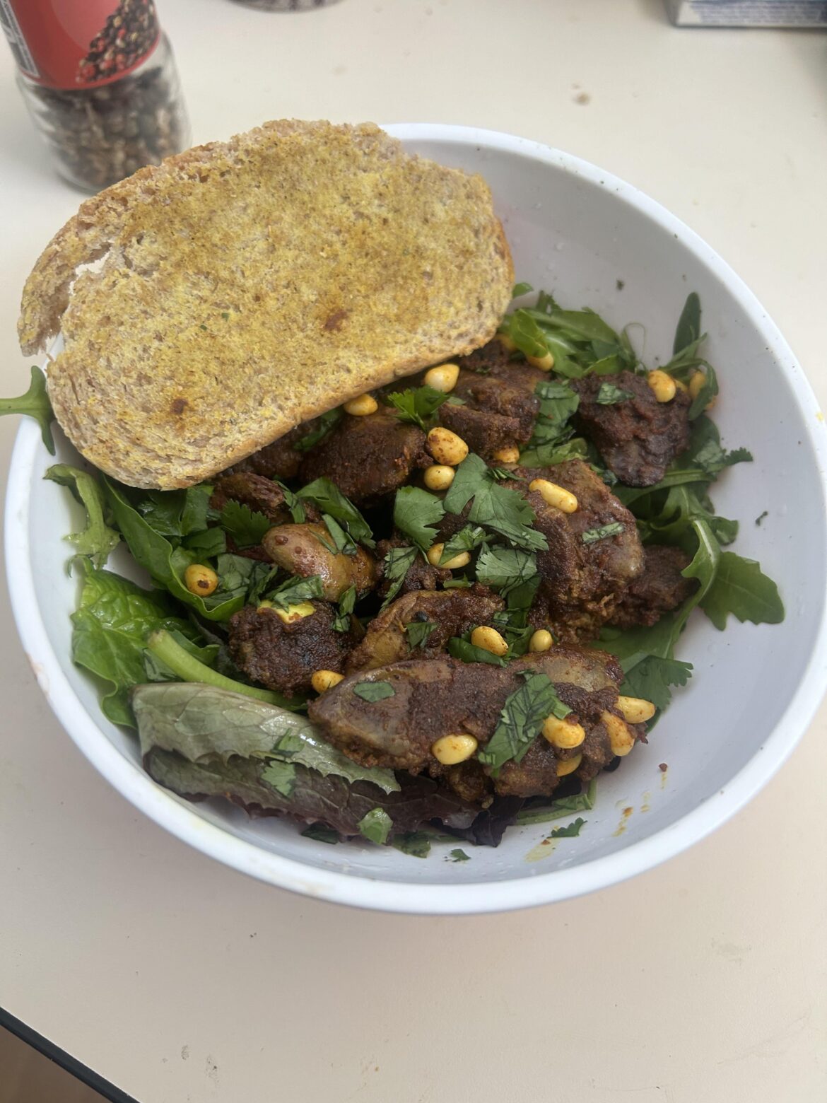 Lebanese-inspired chicken liver salad and homemade bread