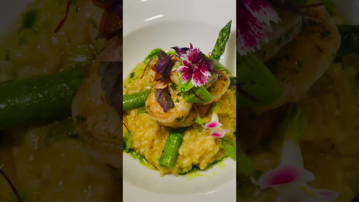 prawn and asparagus risotto, micro herb drizzle with Parsley oil #chef#darlo