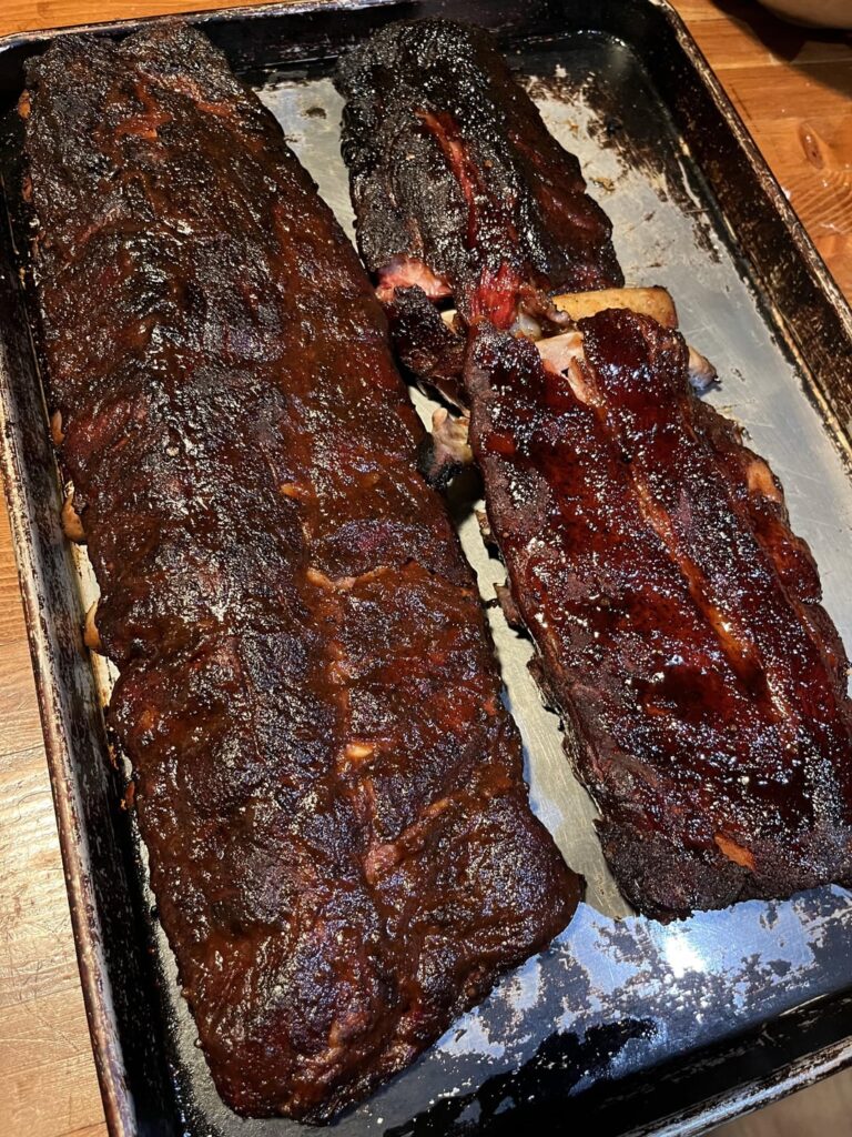 Baby back ribs, 6 hr smoke in the offset.