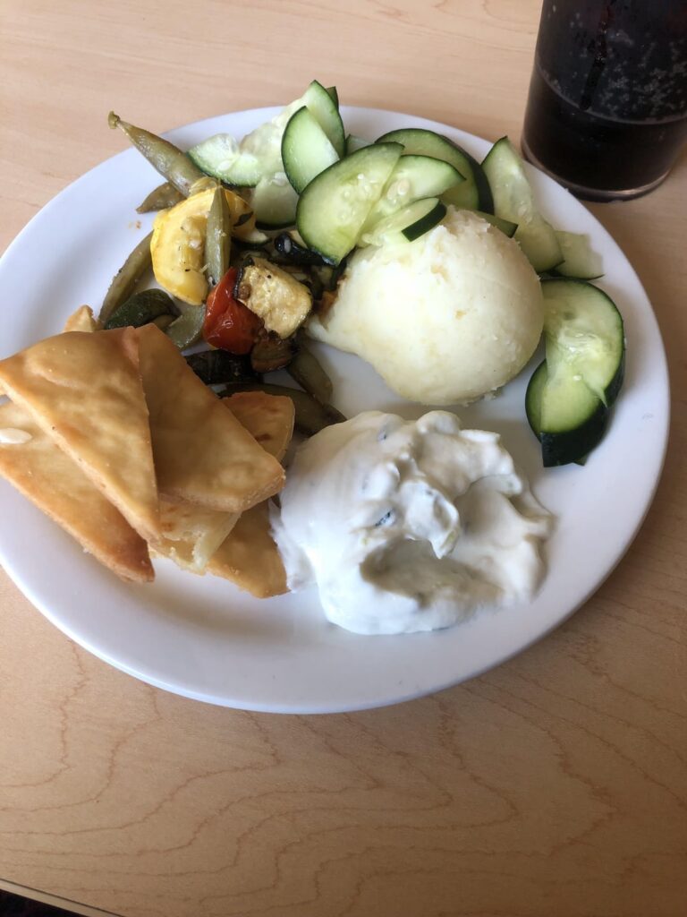 How many kcal were in my lunch? Especially interested in kcal per pita chip+the tzatziki.