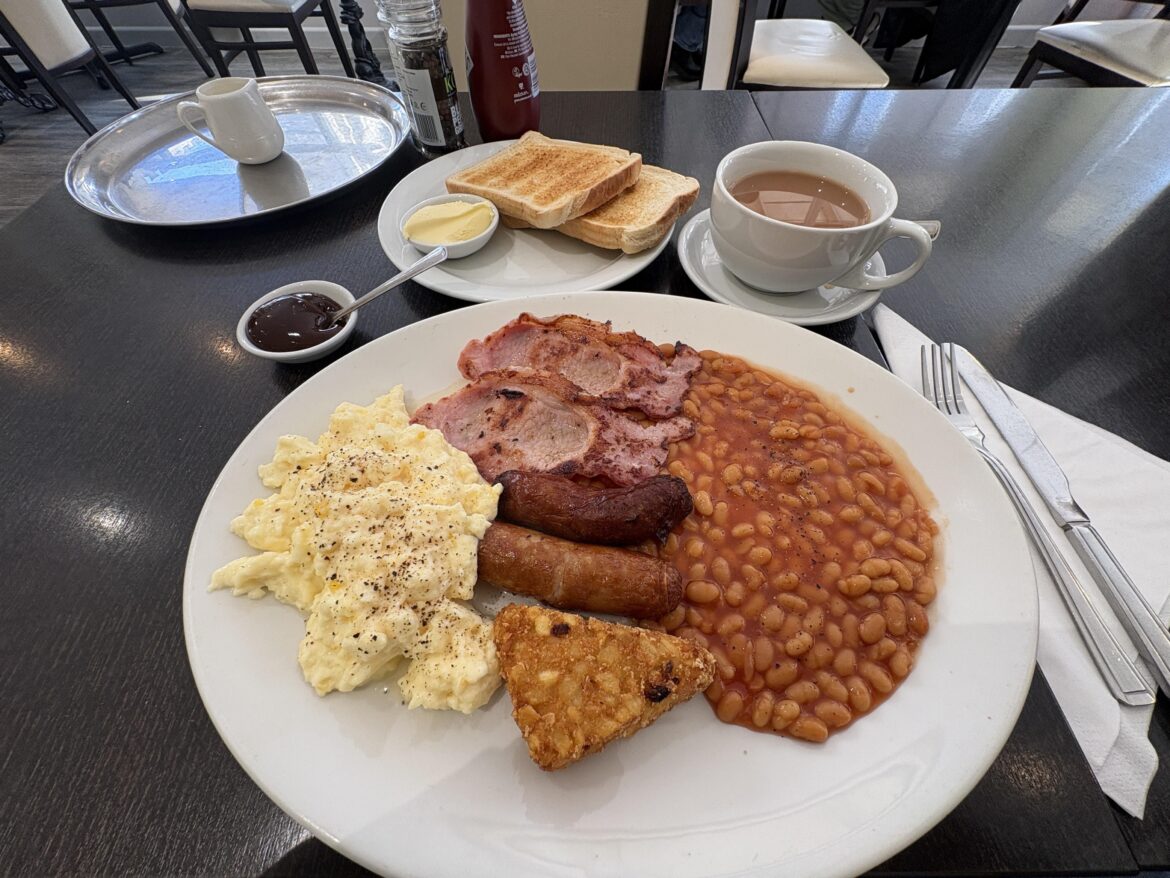 Carwardine’s, Salisbury. £11.95 for the “builders” breakfast. £2.40 for the tea.
