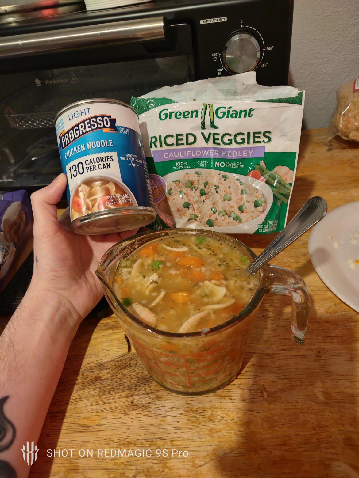 My favorite combo for getting full, 75 calories cauliflower rice put in some 130 cal chicken noodles with hot sauce and roasted garlic+herbs seasoning