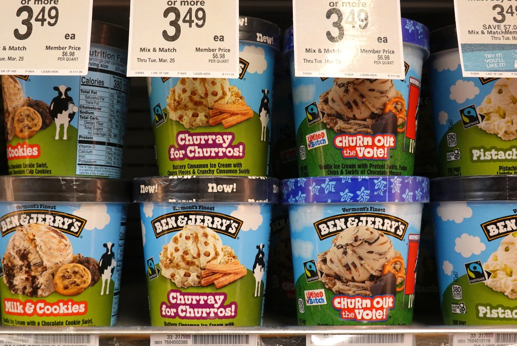 Ben and Jerry's ice cream displayed on a grocery store shelf in San Anselmo, California