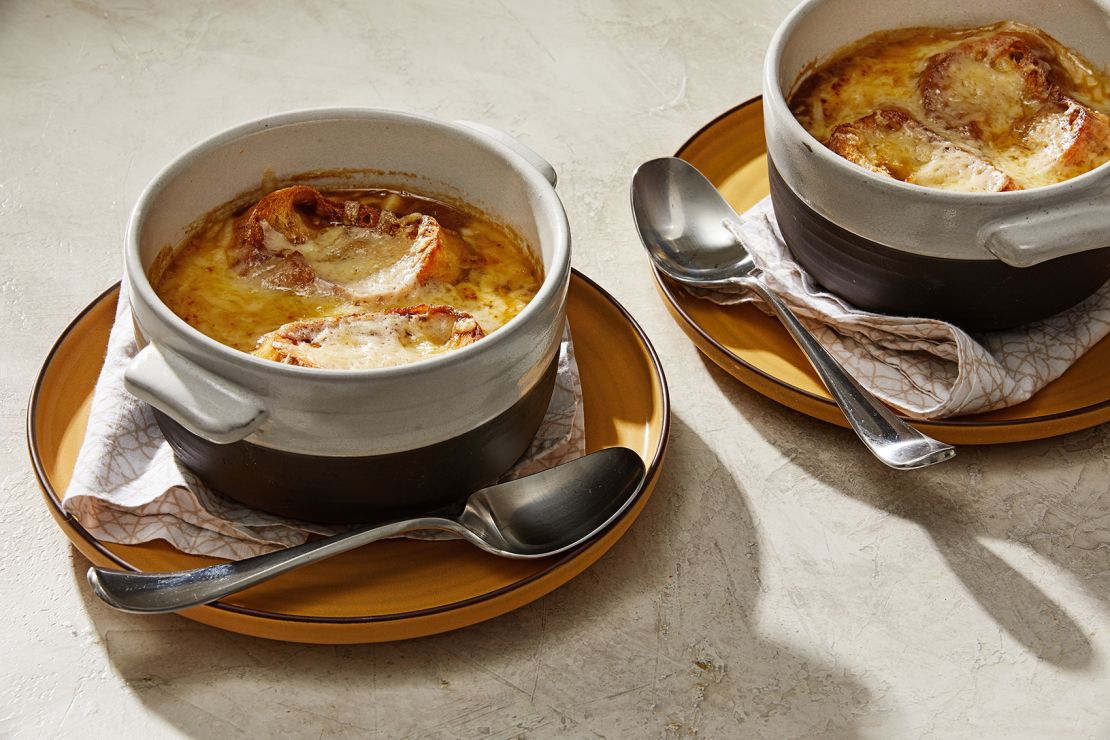 French onion soup: The cozy, brothy soup is topped with bread and melted cheese.