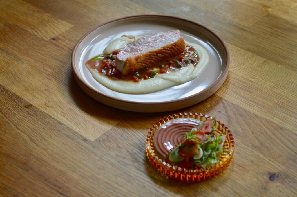 Smoked Duck Breast, Chicken Liver Paté, Fennel, Strawberry-Caper Jus