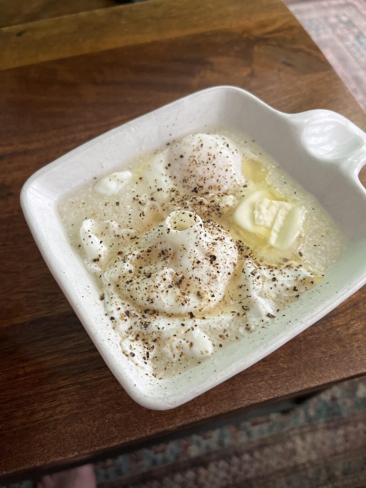 Volcanic poached eggs and grits challenge