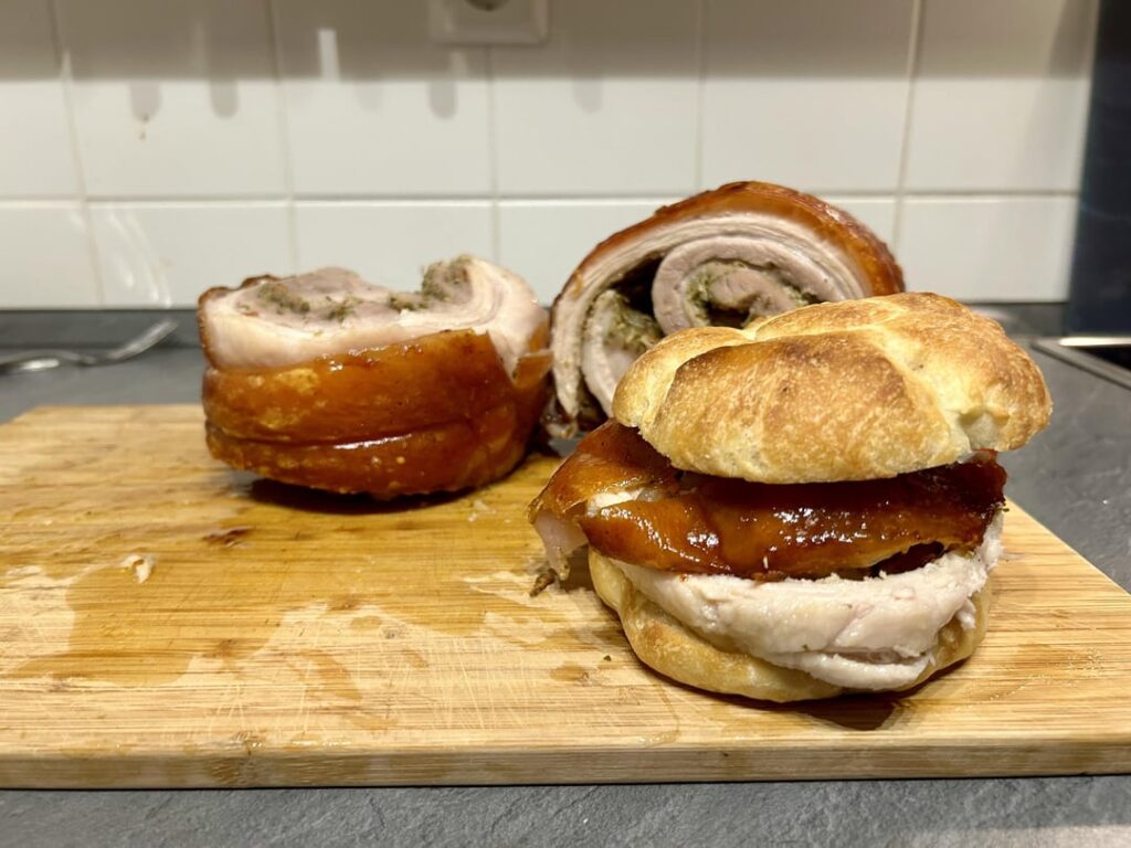 Homemade Porchetta in a homemade Rosetta roll