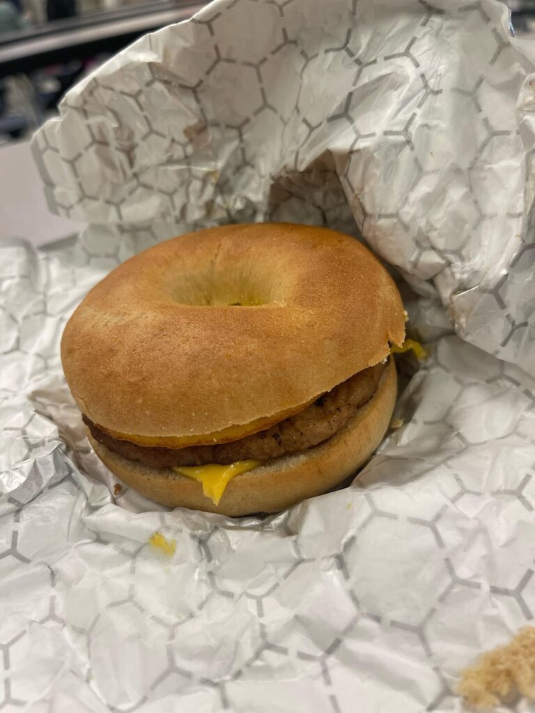 bagel chicken egg cheese sandwich (from school breakfast)