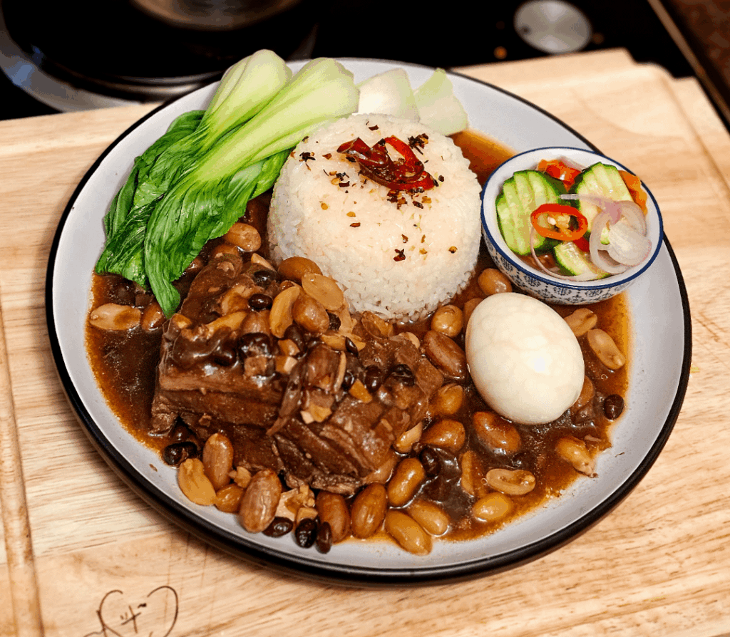 [Homemade] Humba. Filipino style braised pork belly with rice, chilli oil, pickles, boiled egg, and steamed bok choy.