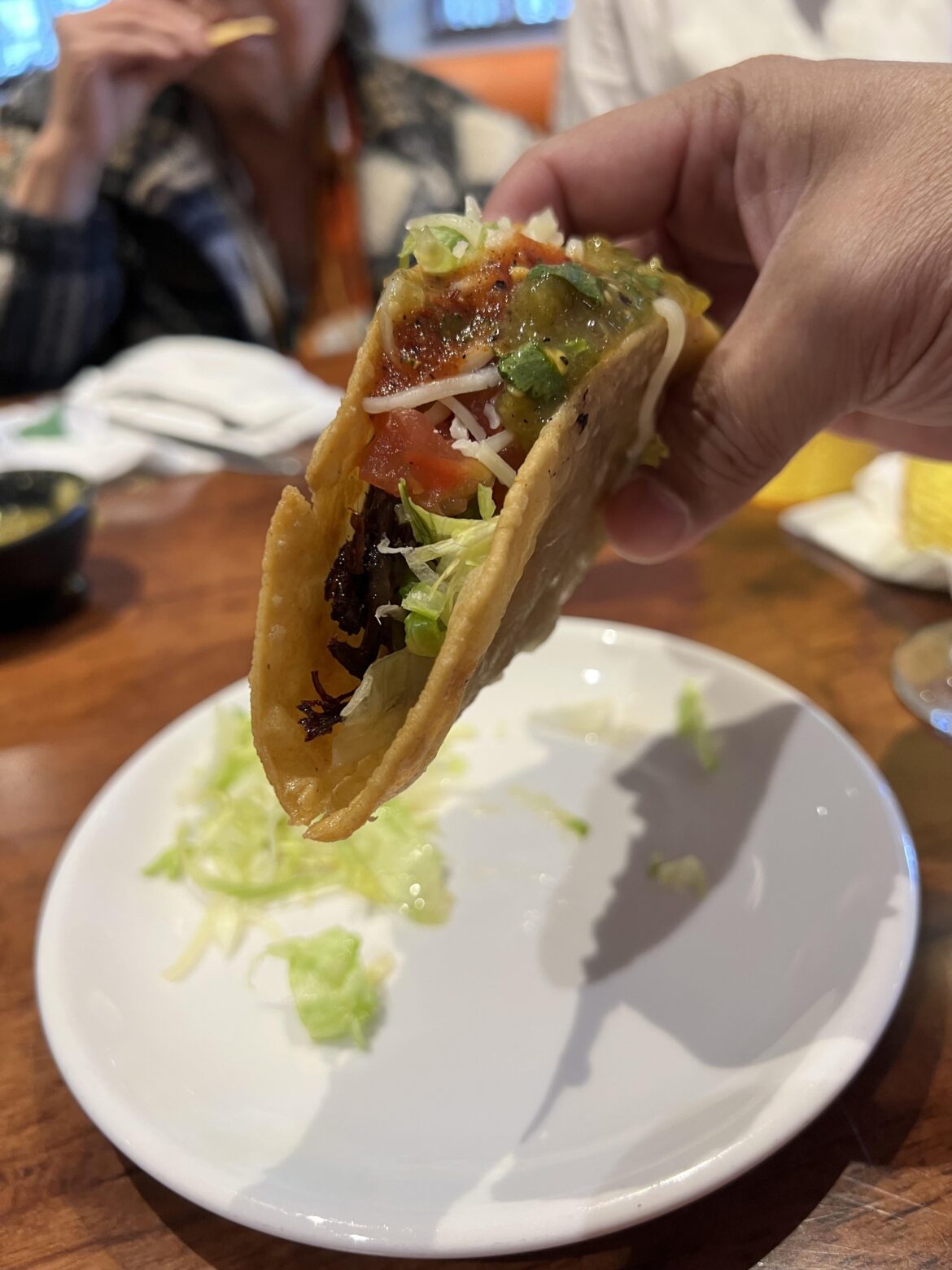 A crunchy beef taco from Morena’s in Lake Forest, CA. So juicy, crispy and delicious especially with the spicy red and mild green salsas. Yum.