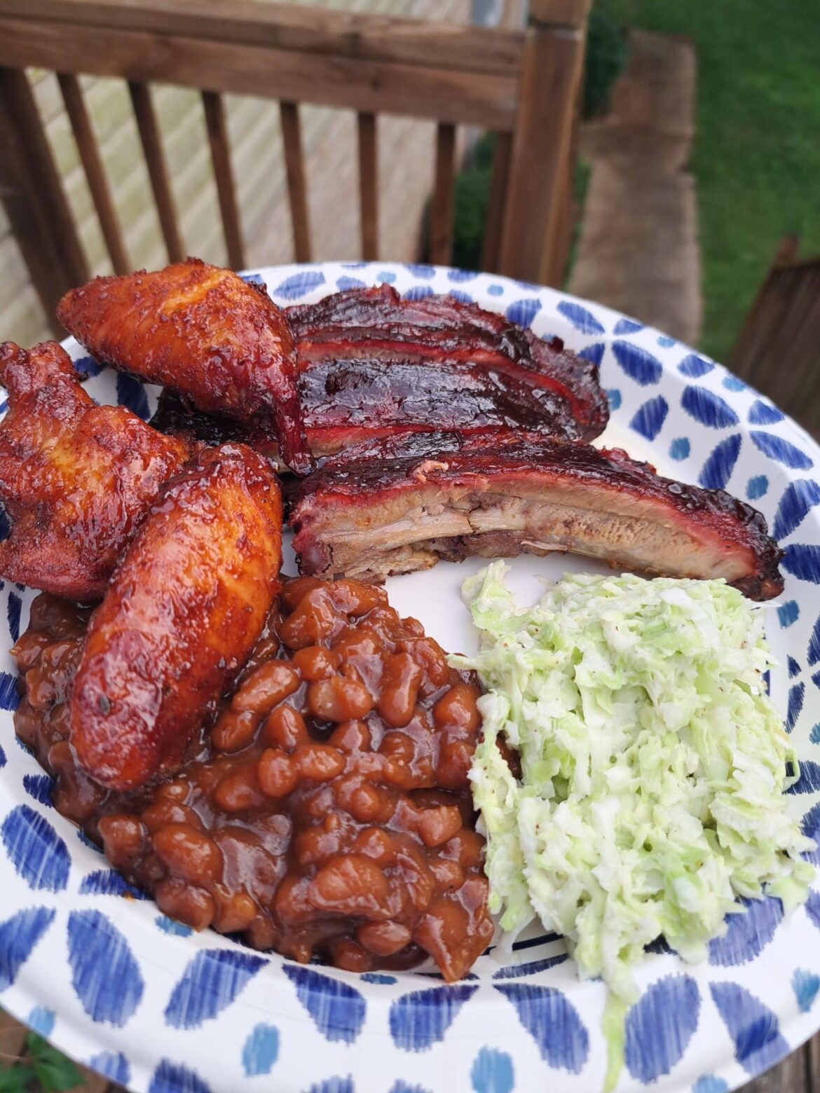 Going through some old photos. Smoked wings, cherry cola ribs and 6 hour bbq baked beans. Should have used purple cabbage in slaw...