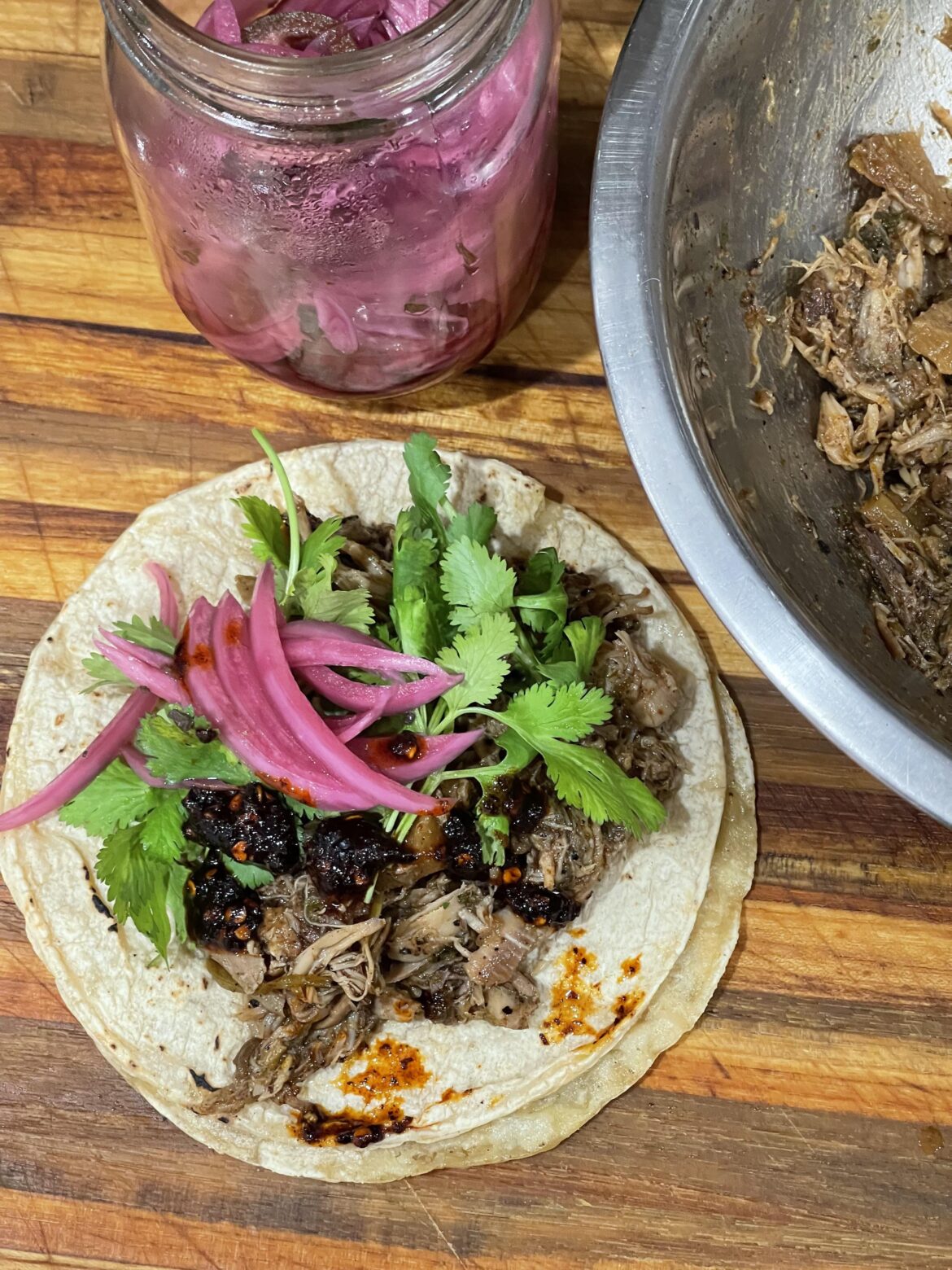 Midnight taco action. Homemade chicken birria with salsa el diablo 🔥