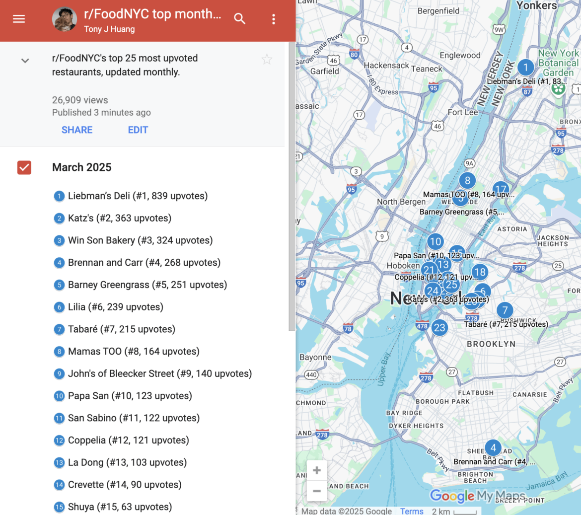 March roundup: r/FoodNYC's top upvoted restaurants on Google Maps