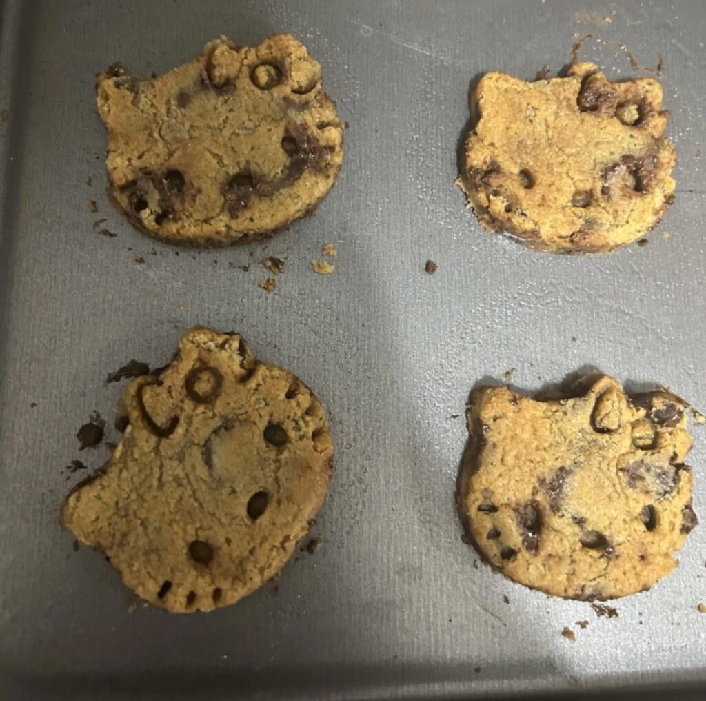 My fiance and I made hello kitty chocolate chip cookies