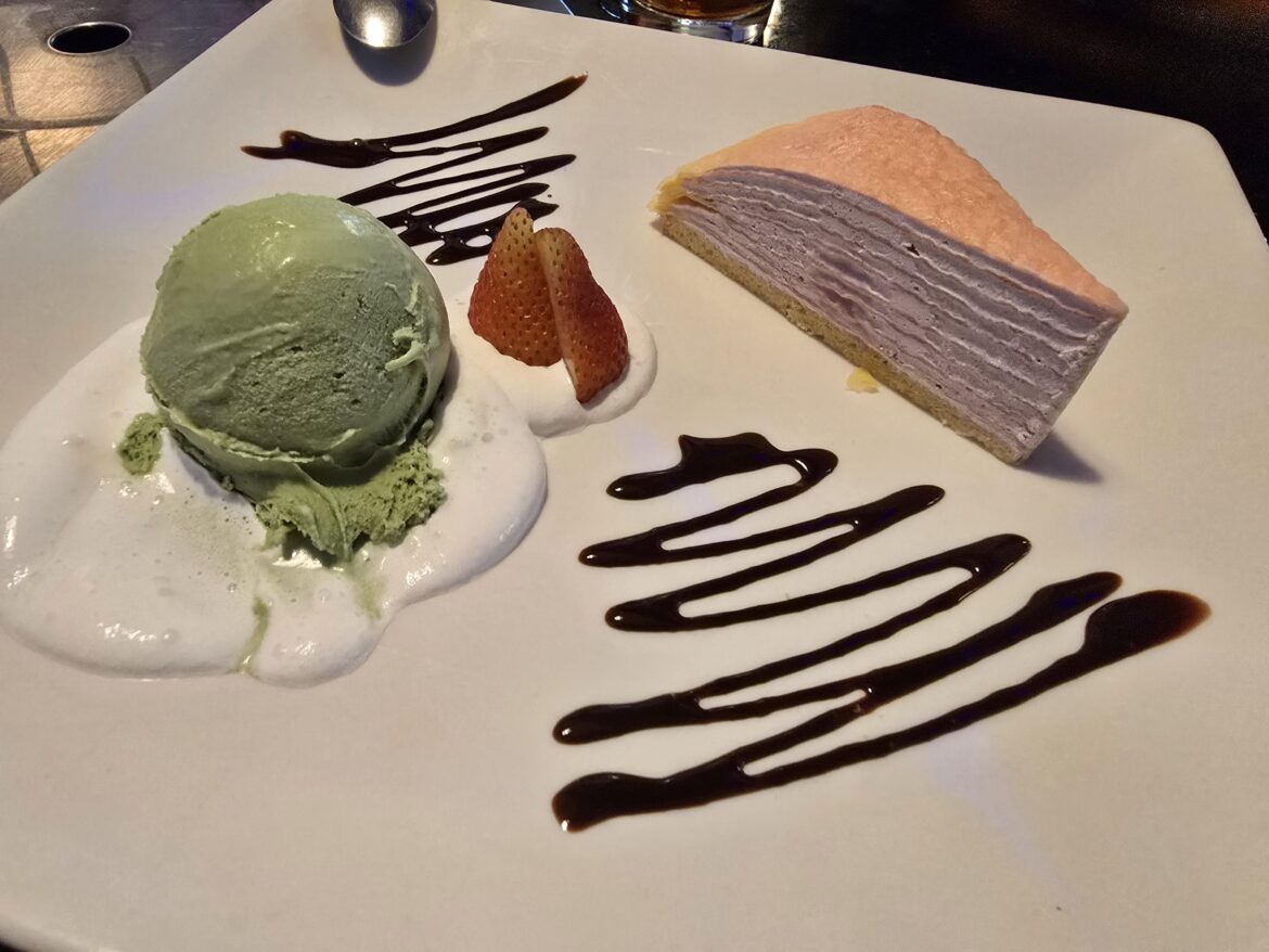 Strawberry crepe cake and green tea ice cream.