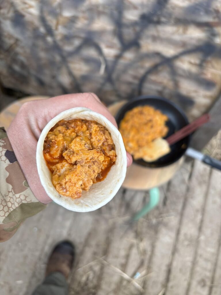 Chorizo, egg and cheese tacos in the goose blind