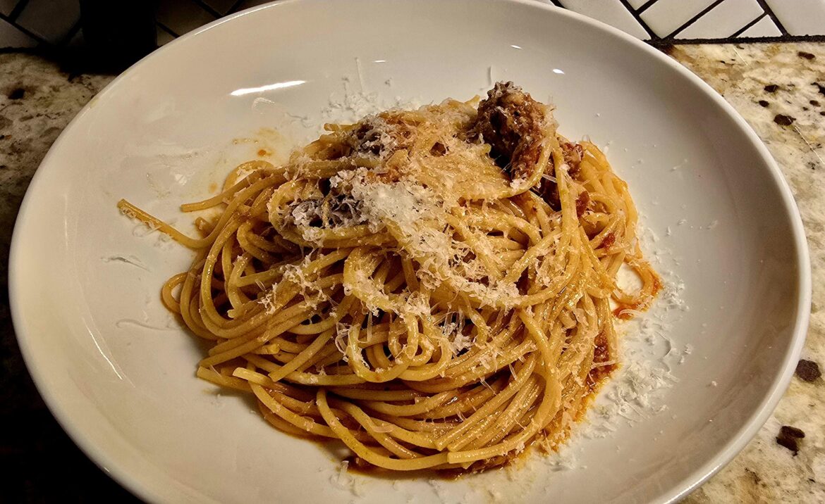 Store-bought spaghetti, homemade pork ragu