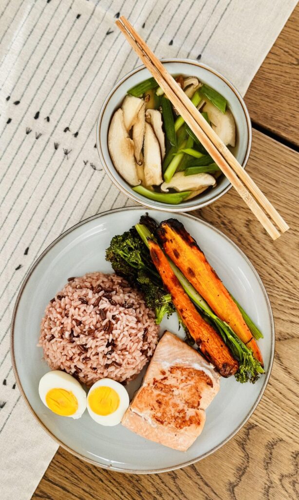 shiitake miso soup and adzuki bean rice with salmon and egg